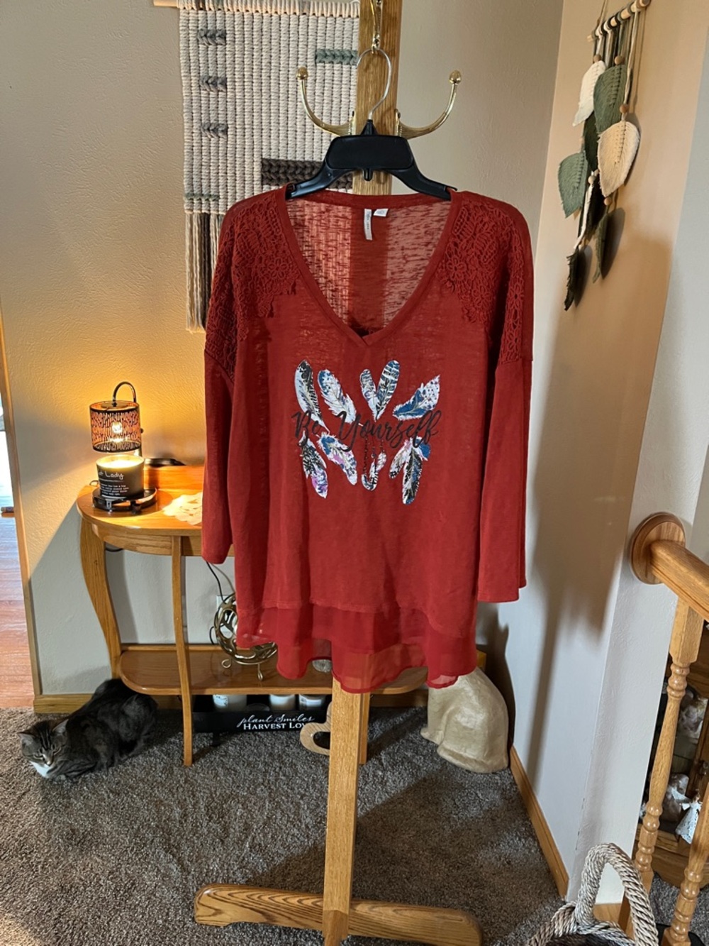 Boho V-Neck Feather Print Tunic Top - Rust